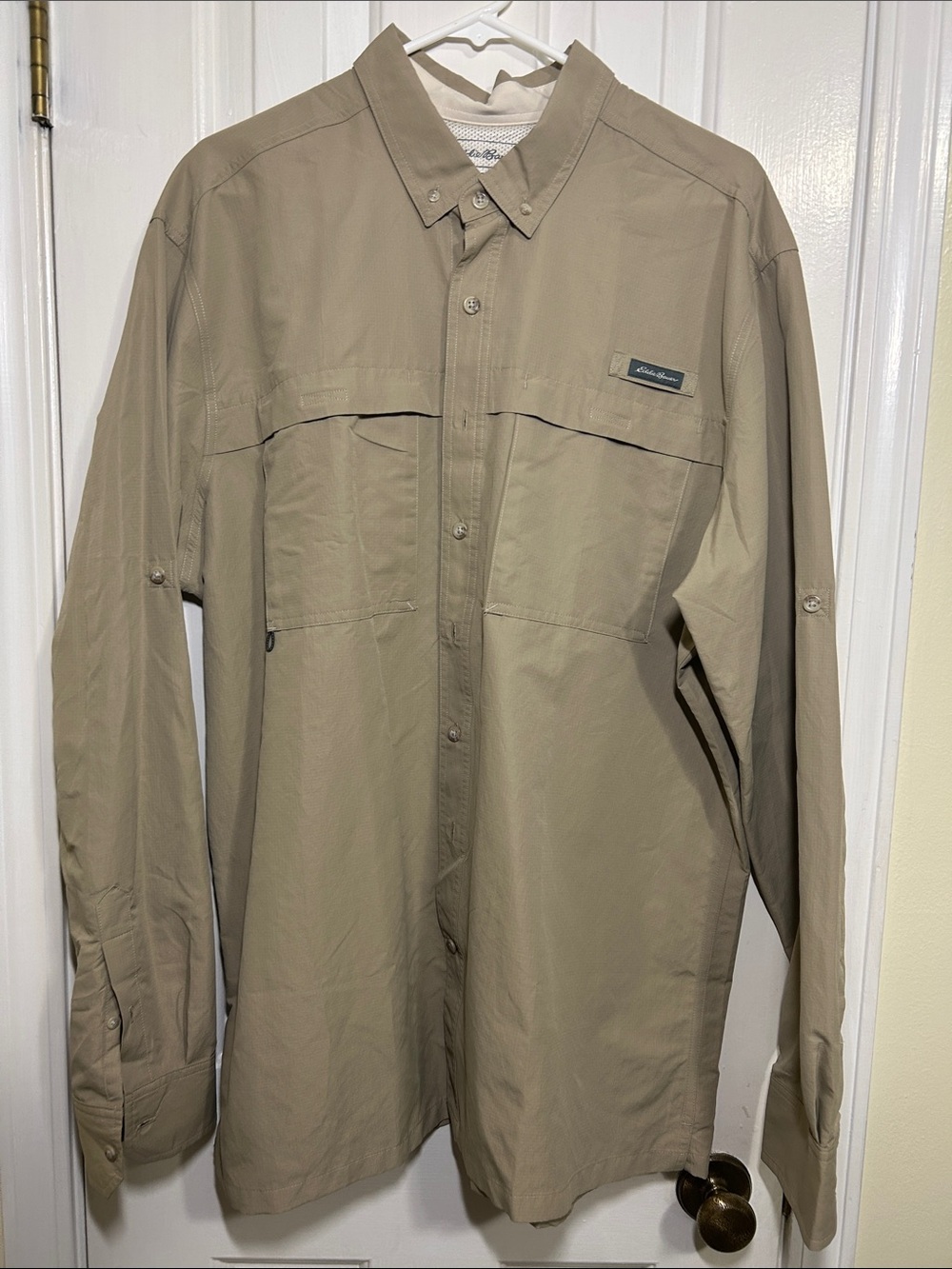 Eddie Bauer Men’s Long-Sleeve Khaki Fishing Shirt, XLTall